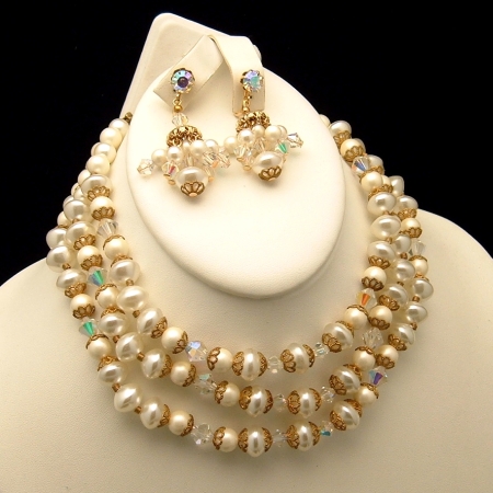 ART Vintage 3 Strand Faux Pearls Crystal Necklace Set from myclassicjewelry.com