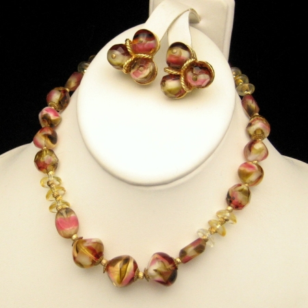 HATTIE CARNEGIE Vintage Art Glass Beads Necklace Earrings Set from myclassicjewelry.com