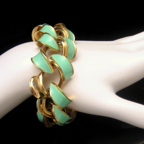 Gorgeous Vintage Goldtone Aqua Green Enamel Links Bracelet from myclassicjewelry.com