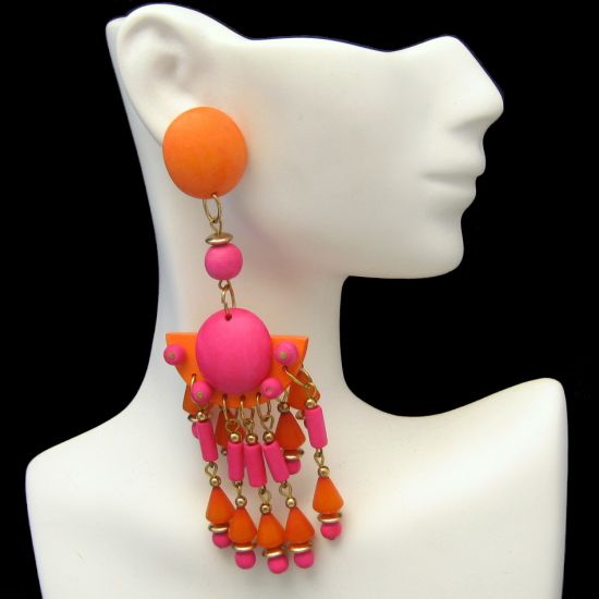 Huge Colorful Vintage Orange Pink Wood Beads Dangle Post Earrings from myclassicjewelry.com