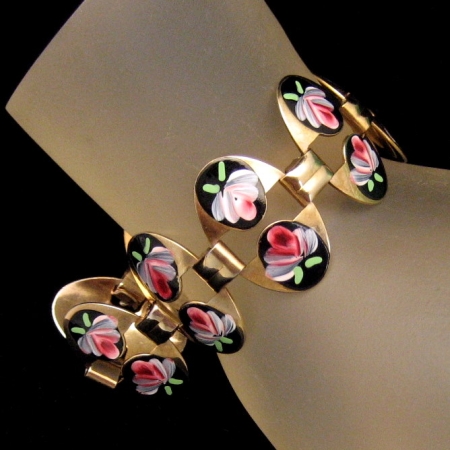 Beautiful Vintage Black Enamel Red Green Flowers Oval Links Bracelet from myclassicjewelry.com