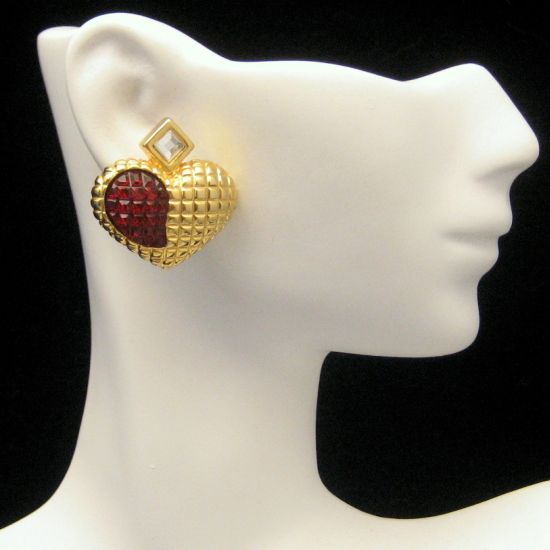 Large Vintage Hearts Red Waffle Crystal Rhinestone Earrings from myclassicjewelry.com