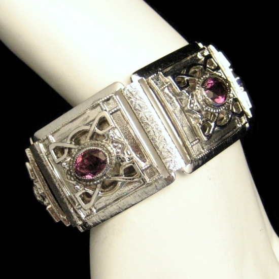 Whiting Davis Silver Plated Engraved Wide Bracelet Purple Rhinestones Vintage