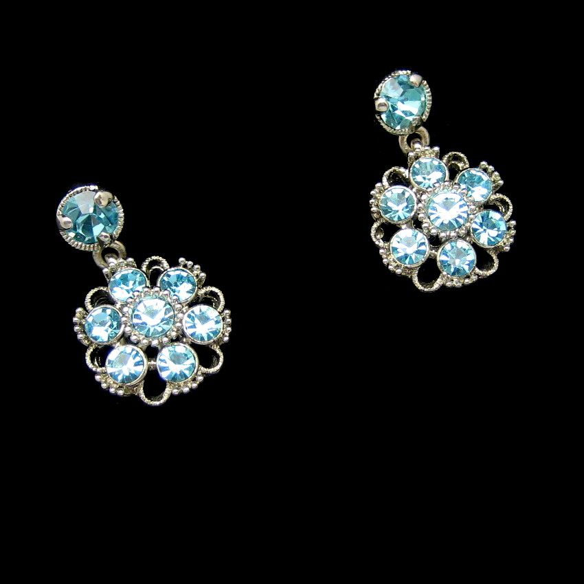 Vintage Flower Dangle Pierced Earrings Aqua Blue Rhinestones Very ...