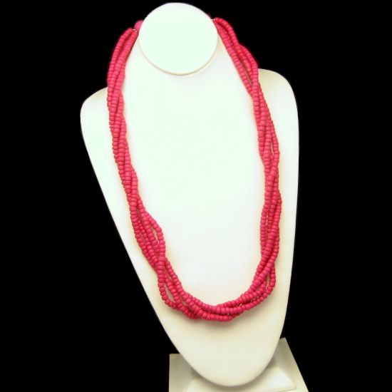 Vintage 4 Multi Strands Pretty Dark Pink Wood Beads Long Necklace Chunky