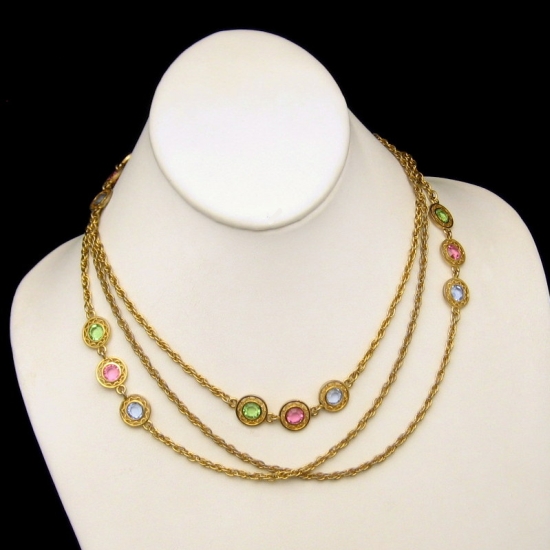 Pastel Bezel Set Crystals Rhinestones Vintage Necklace Pink Blue Long Chain