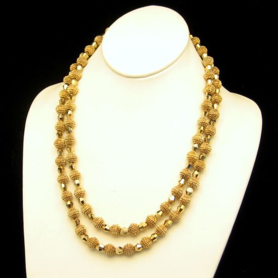 CROWN TRIFARI Vintage Necklace 2 Multi Strand Gold Plated Crystal Beads ...